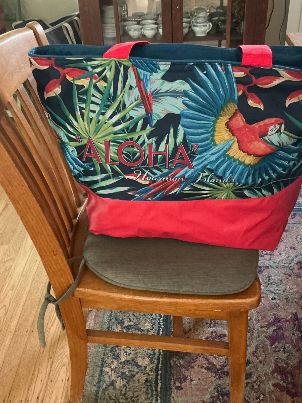 Aloha Hawaiian Islands Tropical Cooler Tote with Parrot Print - Red Handles